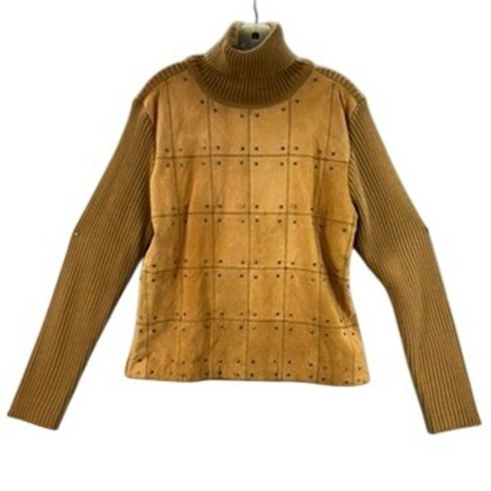 Robert Louis Suede Front Turtleneck Sweater Womens Large Brown Ribbed Knit Boho